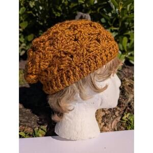 Handmade Crochet Beanie Hat Golden Brown Adult Stretch Winter Cap